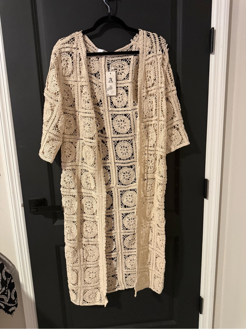 Crocheted Open Front Long Cardigan Duster - Cream